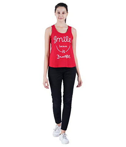 Image of Midaas Women Cotton Printed Sleeveless Tshirt Red X-Large