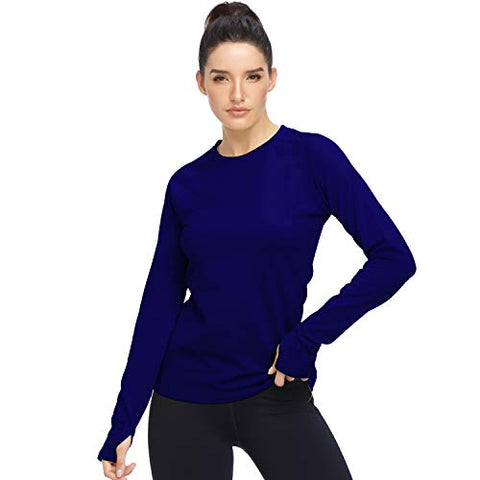 Image of HISKYWIN Womens Thumb Hole,Raglan Sleeve,Long Sleeve Tee Crew Neck Fleece T-Shirt HF28-Dark Blue-L