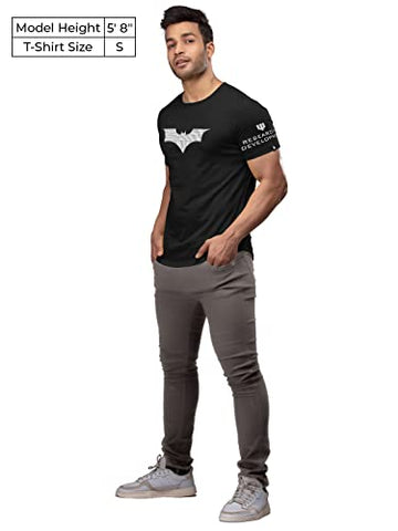 Image of The Souled Store Batman: Wayne Industries Mens Graphic Printed Cotton Drop Cut T-Shirt Black