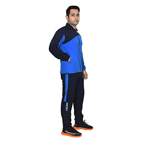 Image of Meddy Sports Track Suit for Men in Blue- Solid Pattern, Collar Jacket, Full Sleeves, with Chain, Full Length Pant (Large)