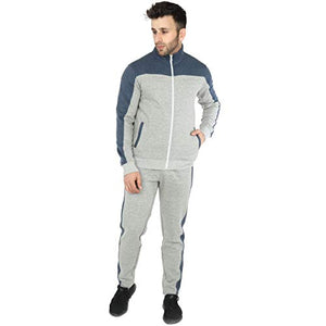 SAAVA Men's Knitted Poly Cotton Grey Milange & Blue Fleece Tracksuit_L