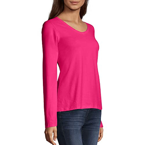 Image of Hanes Women's V-Neck Long Sleeve Tee, Sizzling Pink, Large