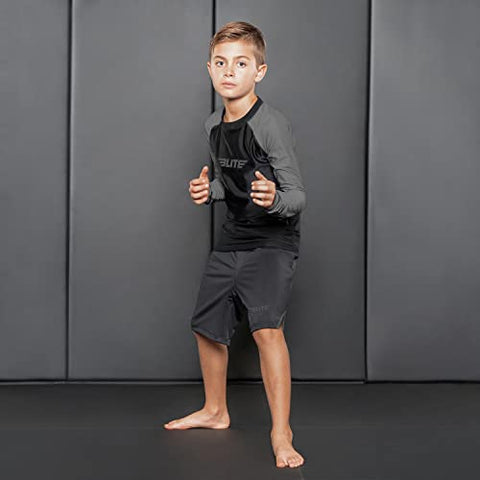 Image of Elite Sports Rash Guards for Boys and Girls, Full Sleeve Compression BJJ Kids and Youth Rash Guard (Grey, Large)