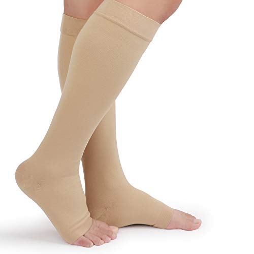 Knee High Compression Stockings, TOFLY Firm Support 20-30mmHg Opaque Maternity Pregnancy Compression Socks, Open-Toe, Ankle & Arch Support, Swelling, Varicose Veins, Edema, Spider Veins, 1Pair Beige M