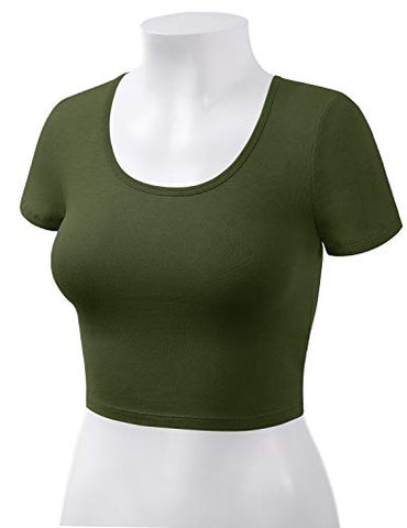 Image of HATOPANTS Basic Scoop Neck Short Sleeve Crop Tee Shirts ArmyGreen S