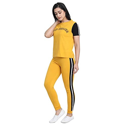 Image of JUNEBERRY Cotton Half Sleeve & Track Pants Co-Ords Track Suit Set for Women and Girls (CO_01_YLW_Rule_S_Yellow_Small)