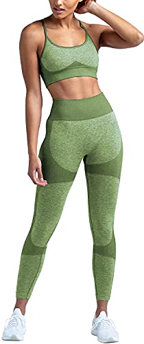 TAKIYA Women's 2 Piece Yoga Workout Outfit Sports Bra High Waist Seamless Leggings Tracksuits Cross Back Tank Top Light Green L