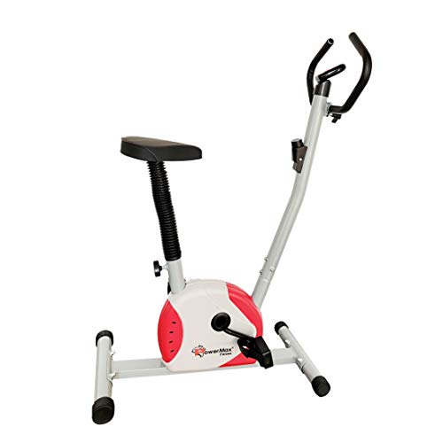 PowerMax Fitness BU-200 Exercise Upright Bike with Anti-Skid Pedals, Adjustable Foot Strap and Vertical Seat Adjustment for Home Gym, (Model: BU-200-AL143), White