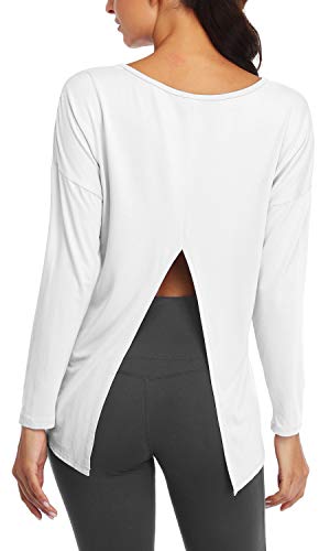 Fofitness Women's Running Long Sleeve T Shirt Workout Knotting Back Tee Activewear Top White