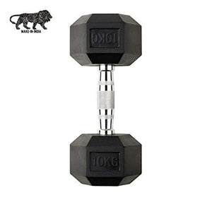 BK Sports Hexagonal 10kg Rubber Coated Fixed Dumbbell Single Piece for Home and Commercial Use Fitness and Exercise, Black