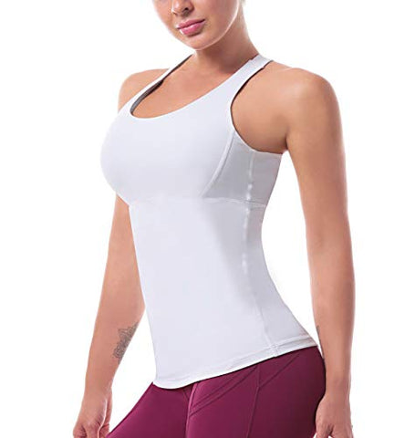 Image of Women’s Yoga Tops Activewear Workout Shirts Sports Racerback Strappy Tank Tops with Built-in Support Bra White