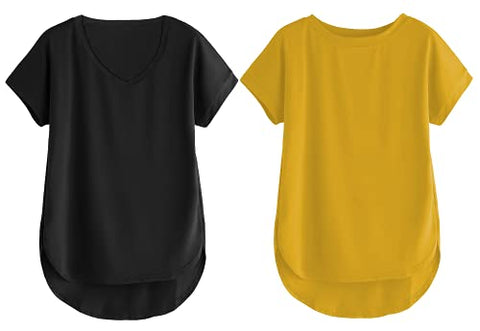 Image of Fabricorn Combo of Plain Black V-Neck and Mustard Yellow Round Neck Up and Down Cotton Tshirt for Women (Black and Mustard Yellow, Small)