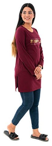 Image of Duchess Women's Cotton Long Round Neck T-Shirt Maroon