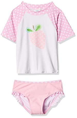 KIKO & MAX Girls' Swimsuit Set with Short Sleeve Rashguard Swim Shirt, Pink Strawberry, 5