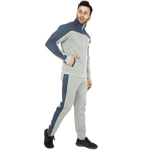 SAAVA Men's Knitted Poly Cotton Grey Milange & Blue Fleece Tracksuit_L