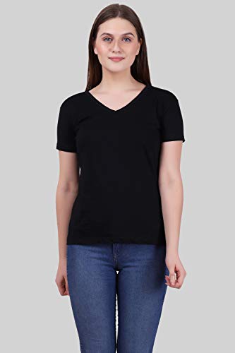 FLEXIMAA Women's Cotton V Neck Plain Half Sleeve T-Shirt
