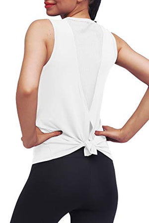 Mippo Workout Tops for Women Yoga Tops Mesh Running Tie Back Tank Tops Workout Tank Shirts Muscle Tanks Sport Clothes Active Athletic Wear for Women White S