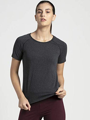 Jockey Women's Plain Regular fit T-Shirt (AW27_Black Melange Large)