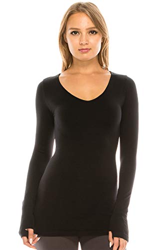 Kurve Women’s Basic Solid Tops – Long Sleeve V Neck Casual Stretch Slim Fit T-Shirt Top Black