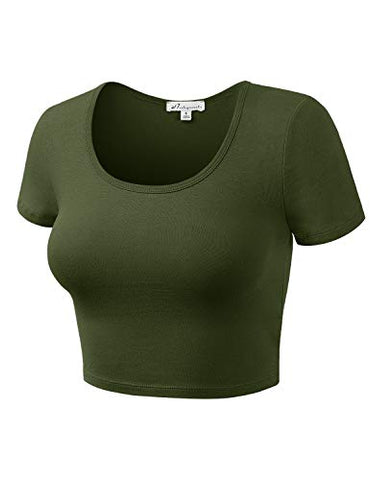 Image of HATOPANTS Basic Scoop Neck Short Sleeve Crop Tee Shirts ArmyGreen S