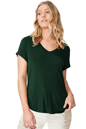 Fabricorn Solid Bottle Green Colour Cotton V-Neck Up Down Hem Short Sleeve Tshirt for Women (Bottle Green, Large)