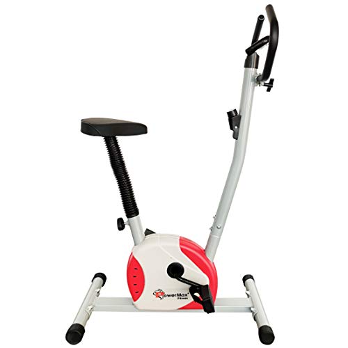 PowerMax Fitness BU-200 Exercise Upright Bike with Anti-Skid Pedals, Adjustable Foot Strap and Vertical Seat Adjustment for Home Gym, (Model: BU-200-AL143), White