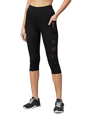 BLINKIN Yoga Gym Workout & Active Sports Fitness Activewear 3/4th Capri Tights for Women with Mesh & Side Pockets(8700,Color_Black,Size_5XL)