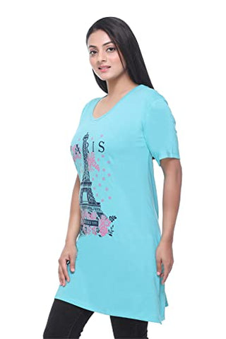 Image of CUPID Regular Fit Cotton Round Neck Half Sleeve T-Shirt, Plus Sizes Nightwear, Sleepwear, Daily Use Gym n Lounge Wear Long Tops for Women - 5XL, Turquoise