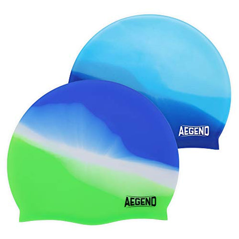 Image of aegend Youth Swim Cap (Age 5-10), 2 Pack, Blue & Green