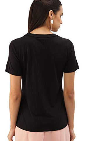 Image of Fabricorn Stylish Plain Black Printed Cotton Tshirt for Women (Black, Large)