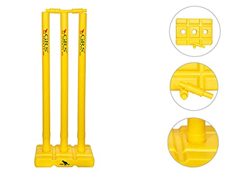 Image of GRS India Best Heavy Plastic Cricket Stumps Set - 3 Stumps + 2 Bails + 1 Stand (Yellow)(Plastic Wicket Set)