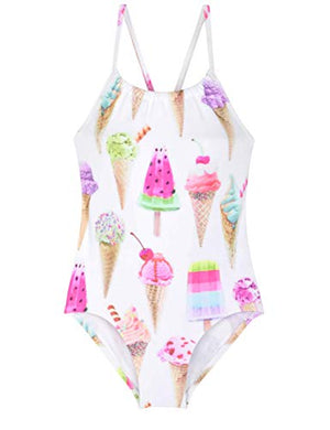 Cadocado Big Girls Cute One Piece Swimsuit Beach Sport Scoop Neck Bathing Suit Swimwear, Ice Cream,7Y