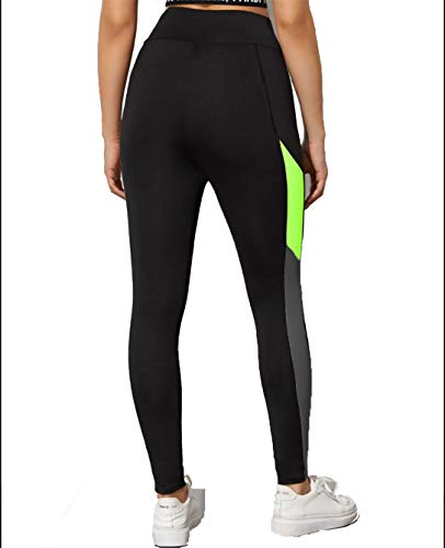 Neu Look Gym wear Leggings Ankle Length Workout Pants with Phone Pockets | Stretchable Tights | Mid Waist Sports Fitness Yoga Track Pants for Girls & Women (Black Neon Green, Size - L)