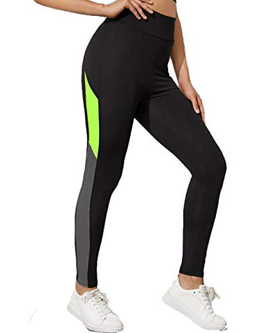 Image of Neu Look Gym wear Leggings Ankle Length Workout Pants with Phone Pockets | Stretchable Tights | Mid Waist Sports Fitness Yoga Track Pants for Girls & Women (Black Neon Green, Size - L)