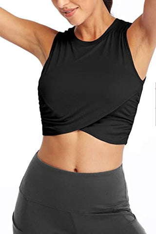 Image of Fofitness Women's Sexy Workout Yoga Tops Running Training Exercise Shirts Fitness Gym Outfits Muscle Crop Activewear Clothes Sports Dance Boxing Tennis Wear Black, Small