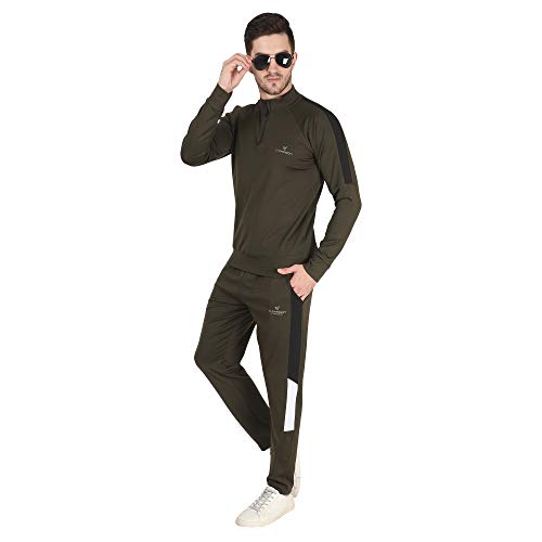 Dpassion 4 Way Lycra Slim Fit Trending Casual and Gym Wear Tracksuit for Men (Olive Green; large)