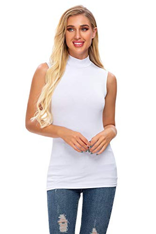 Image of Women's Summer Sleeveless Mock Turtleneck Top Stretch Soft Slim Fit T Shirt White