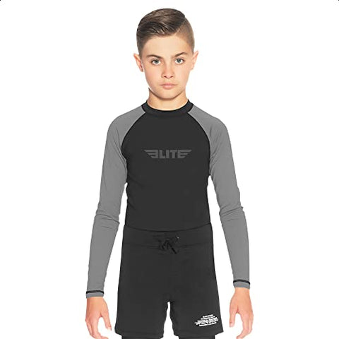 Image of Elite Sports Rash Guards for Boys and Girls, Full Sleeve Compression BJJ Kids and Youth Rash Guard (Grey, Large)