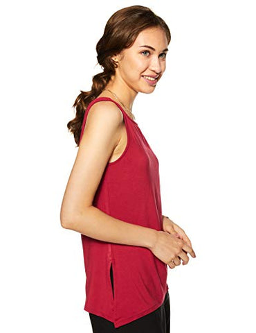 Image of Amazon Brand - Symbol Women's Solid Regular Fit Sleeveless T-Shirt (SYMSS19TS008_Deep Red_Small)