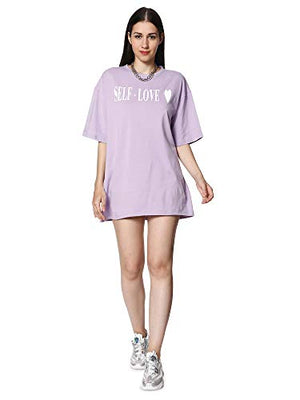 BLANCD Women's Pure Cotton Casual Oversized Round Neck Slogan Print Self Love Short Sleeve Summer Tshirt (Lavender)
