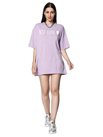 Image of BLANCD Women's Pure Cotton Casual Oversized Round Neck Slogan Print Self Love Short Sleeve Summer Tshirt (Lavender)