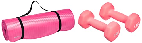 AmazonBasics 13mm Extra Thick Yoga and Exercise Mat with Carrying Strap, Pink and Neoprene Dumbbell Pair, 2 x 1.5Kg