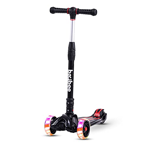 Baybee Scooter for Kids, 3 Wheel Kids Scooter Smart Kick Scooter with Foldable & Height Adjustable Handle & Extra-Wide LED PU Wheels & Brake, Skate Scooter for Kids (ST4-Black)
