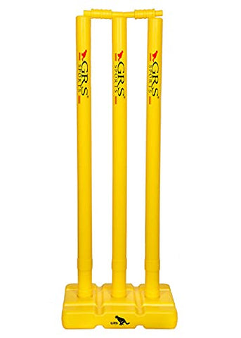 Image of GRS India Best Heavy Plastic Cricket Stumps Set - 3 Stumps + 2 Bails + 1 Stand (Yellow)(Plastic Wicket Set)