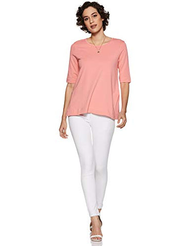 Image of Amazon Brand - Symbol Women's Solid Regular Fit 3/4 Sleeves T-Shirt (SYMSS19TS019_Coral_Small)