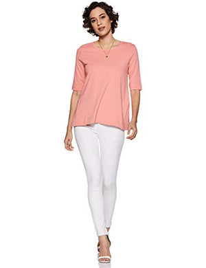 Amazon Brand - Symbol Women's Solid Regular Fit 3/4 Sleeves T-Shirt (SYMSS19TS019_Coral_Large)