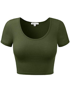 HATOPANTS Basic Scoop Neck Short Sleeve Crop Tee Shirts ArmyGreen S