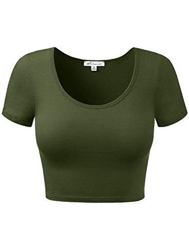 Image of HATOPANTS Basic Scoop Neck Short Sleeve Crop Tee Shirts ArmyGreen S