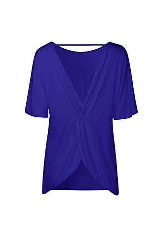 Image of BYSBZD Womens Casual Plain Short Sleeve Open Back Knot Shirt Yoga Tops Blue S