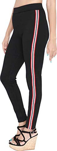 Image of INFISPACE® Girl's Double Line High Waisted Stretchable Slim Fit Jegging for Yoga, Gym, Aerobics & Sports Wear (Red White Striped; Waist Size- 25" to 32")